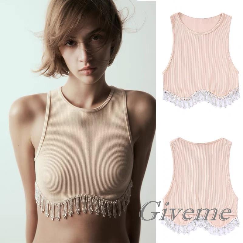 Áo Tank Top Không Tay Cổ Tròn Viền Tua Rua Đính Đá Thời Trang Đường Phố Mùa Hè