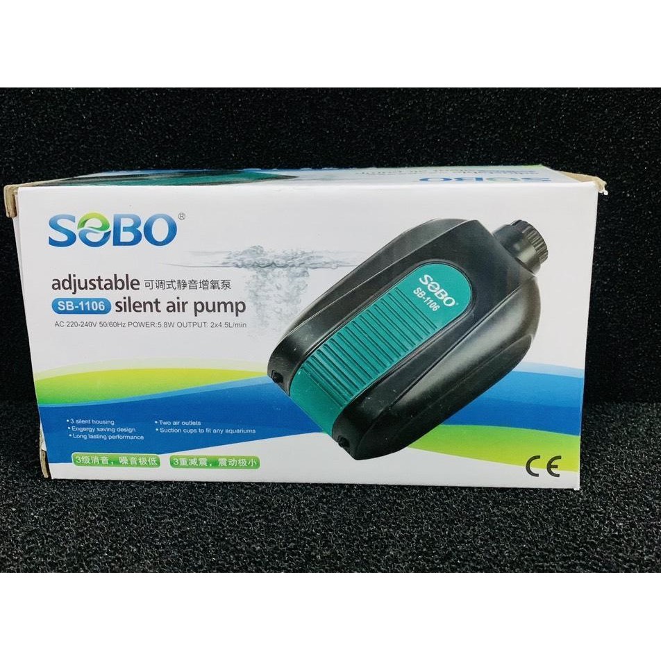 Máy sục khí chạy êm 2 vòi Sobo SB-1106 (tặng kèm 2 dây quả sủi). Máy sục cung cấp oxy cho bể thủy sinh