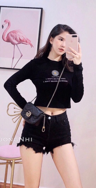 Áo thun lụa thêu bông cúc, Áo croptop dài tay nữ - Colory shop
