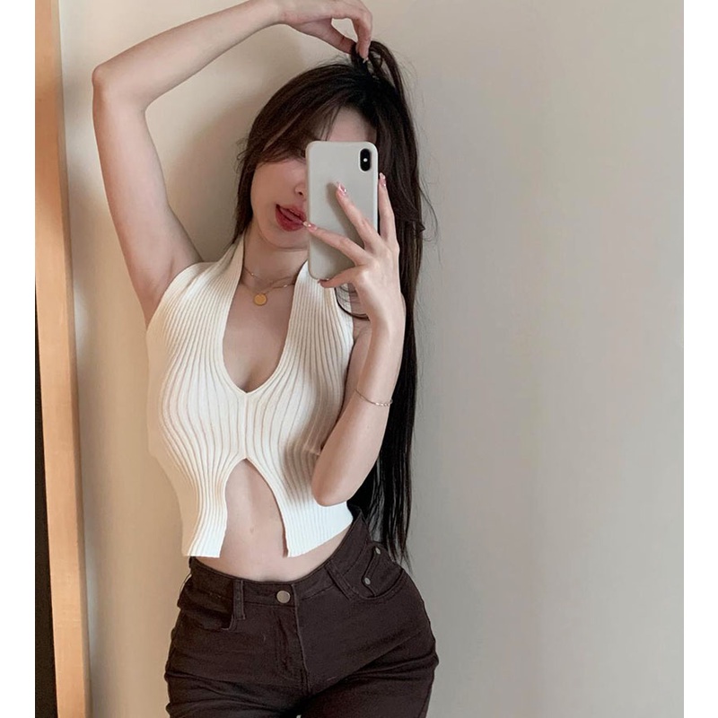 Áo croptop QKOOLE không tay cổ chữ V đơn giản phong cách Hàn Quốc thời trang cho nữ