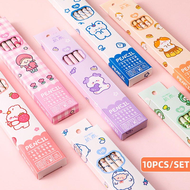 Set 10 Bút Chì Hb Kèm Gôm Tẩy Họa Tiết Hoạt Hình Dễ Thương Cho Bé