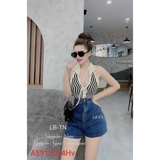 Áo yếm len croptop họa tiết sọc cổ sơ mi hở lưng hàng QC!