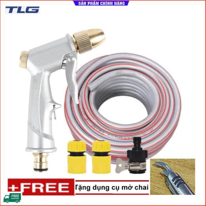 💎TLG💎 Bộ dây vòi xịt nước rửa xe, tưới cây . tăng áp 3 lần, loại 20m 206701 đầu đồng, cút,nối đen+ tặng mở chai