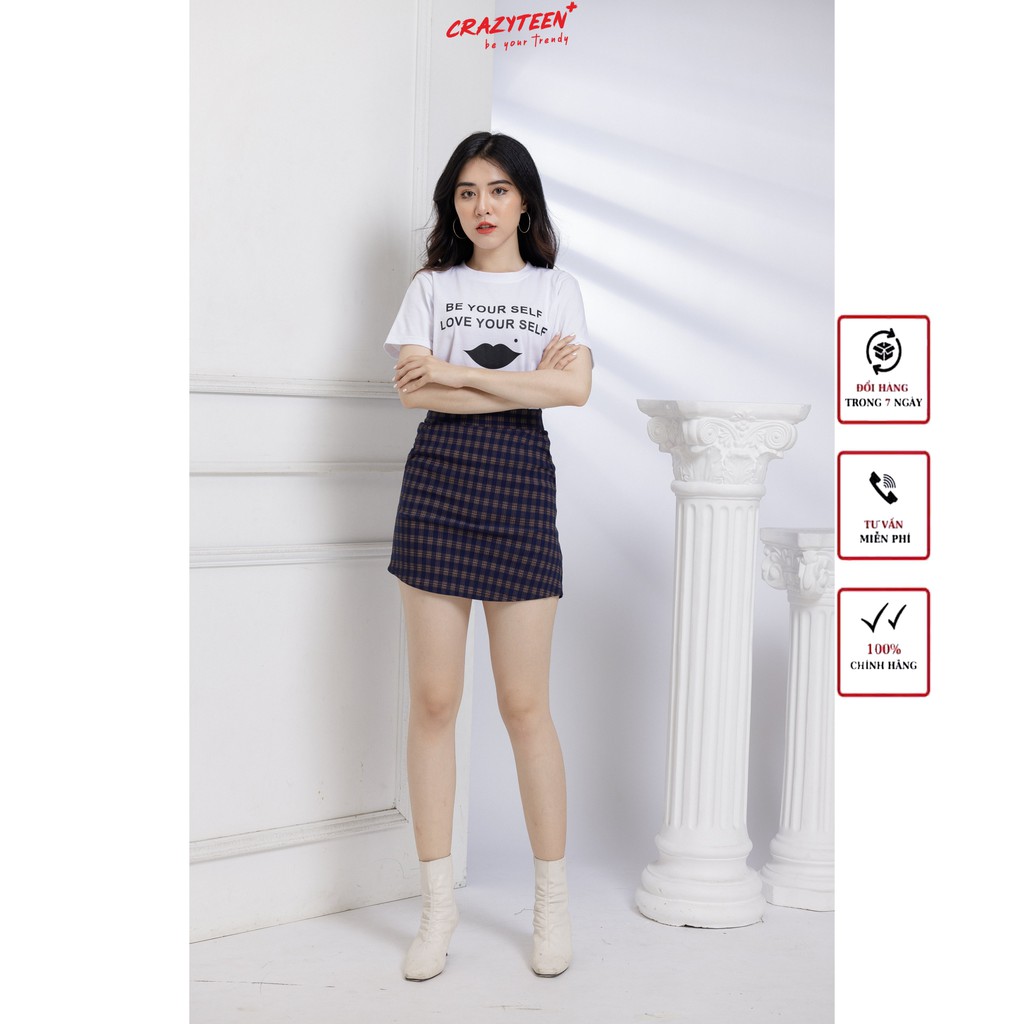 Set áo thun chữ chân váy caro CRAZYTEEN phong cách trẻ trung, năng động (S0018)
