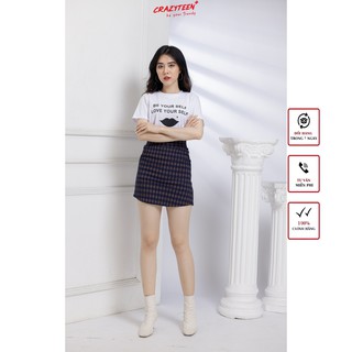 Set áo thun chữ chân váy caro CRAZYTEEN phong cách trẻ trung, năng động (S0018)