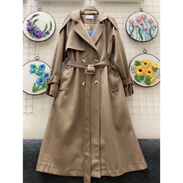 Áo mangto kaki dập ly sau dáng dài