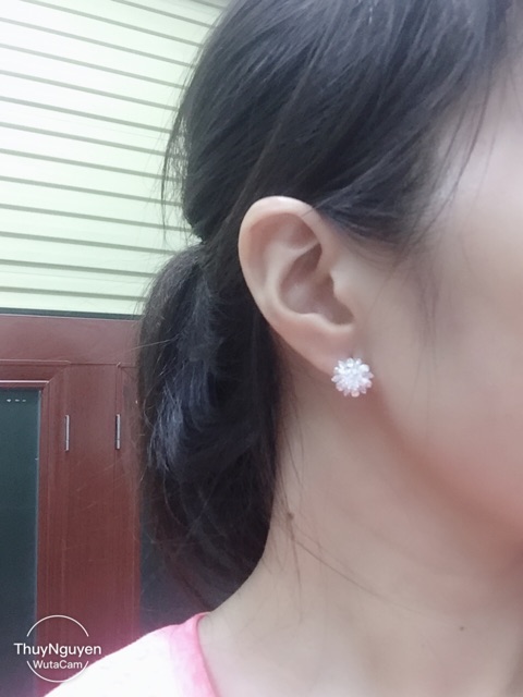 Khuyên tai hoa cánh nhỏ đính đá sát tai bạc chuẩn