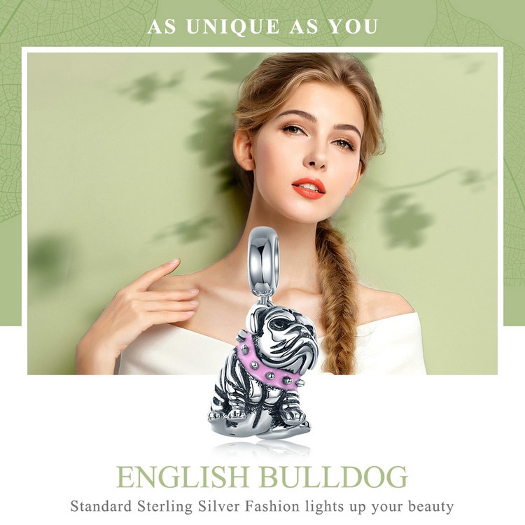 Mặt dây chuyền Bamoer hình chú chó bulldog mạ bạc 925 tự làm đồ trang sức