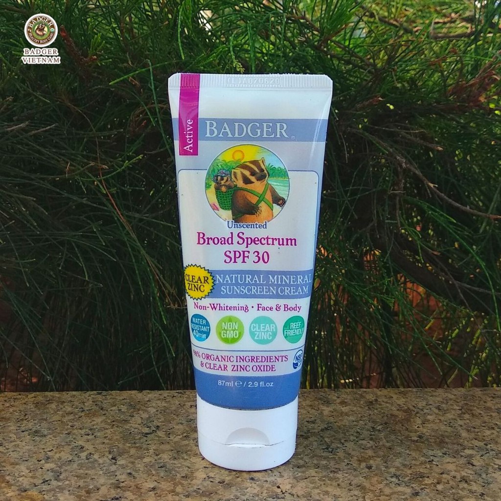 [Mã LT50 giảm 50k đơn 250k] Kem chống nắng vật lý BADGER SPF 30 Active Sunscreen - Dùng hàng ngày dành cho da khô - 87mL