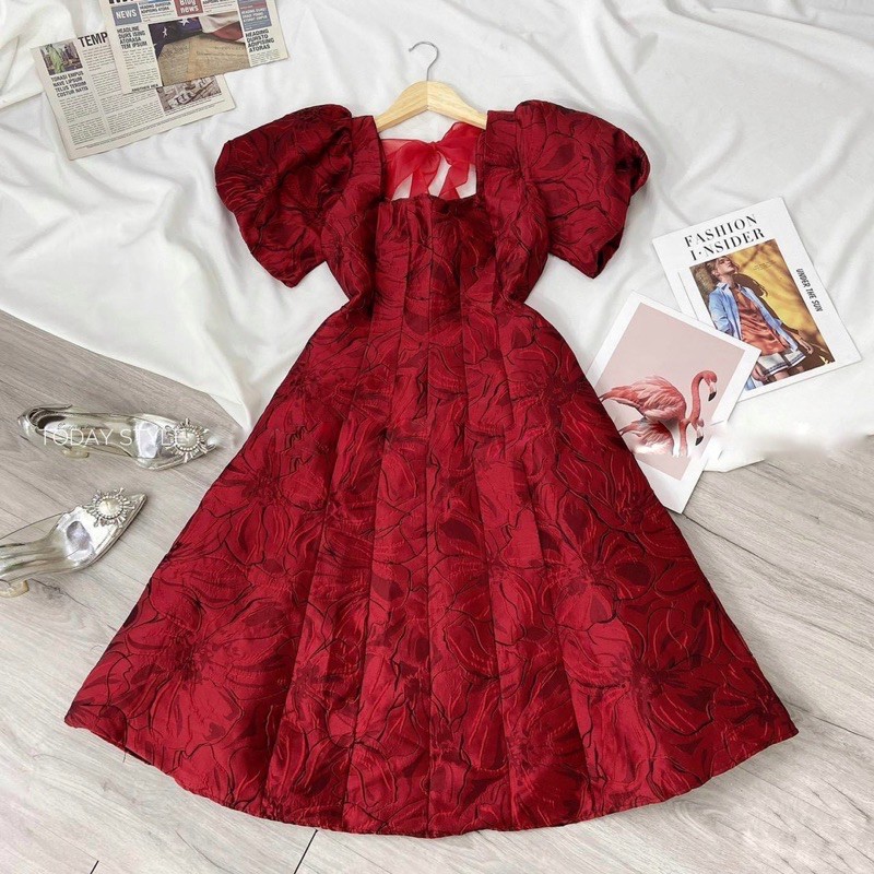 Đầm tay bồng gấm nơ lưng 2 màu | BigBuy360 - bigbuy360.vn