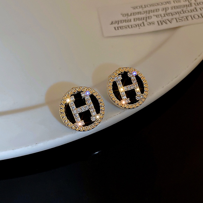 Khuyên tai chốt bạc 925 đính đá zircon nhân tạo mặt hình tròn trang trí hình chữ H thời trang Pháp đơn giản và nhỏ nhắn