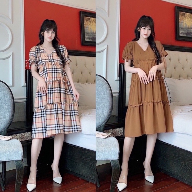 Váy bầu cao cấp mặc đi làm, đi chơi điều đượcchất kẻ Hàn siêu đẹpthiết kế tay bồng sang chảnhfree size 43~68kg