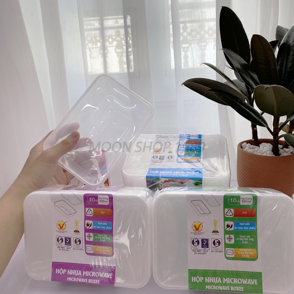Combo 10 Hộp Nhựa Chữ Nhật Cao Cấp Kèm Nắp (Dùng Được Trong Lò Vi Sóng)