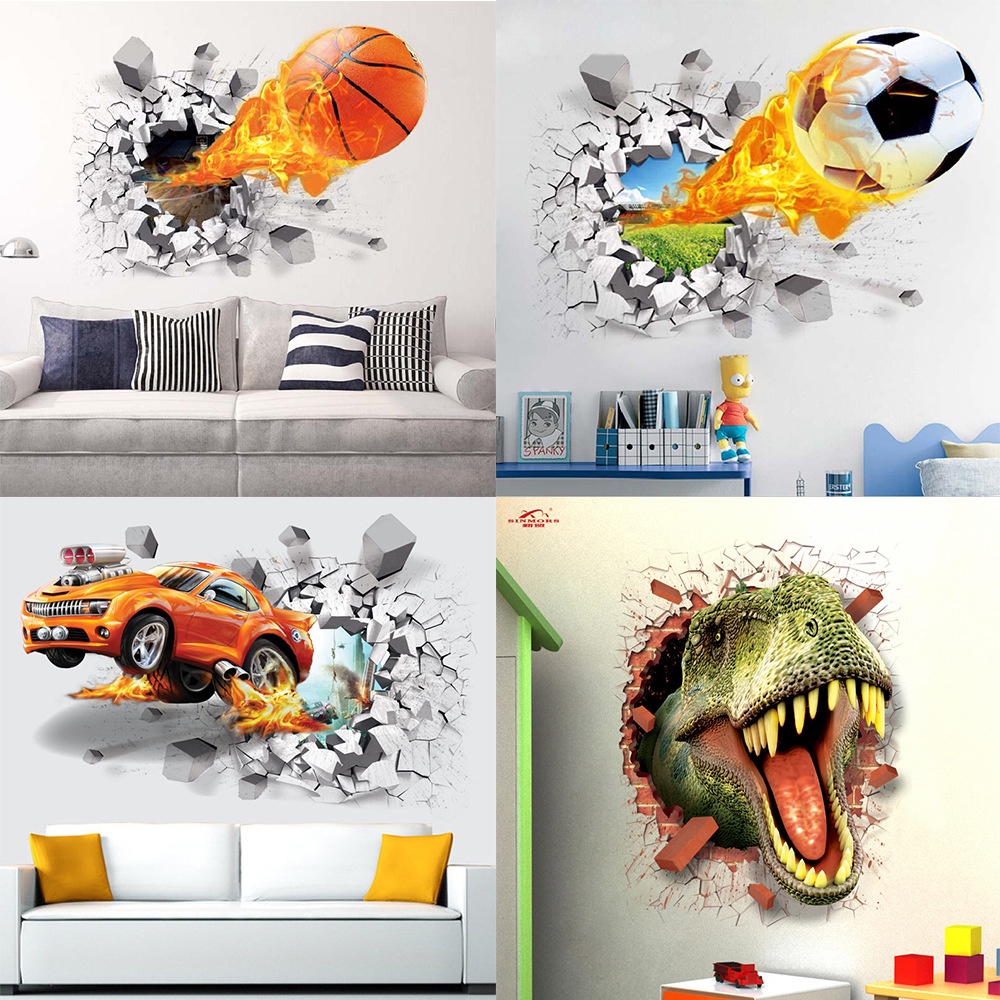 Miếng Dán Tường Trang Trí Hình Xe Hơi/Bóng Đá/Bóng Rổ/Bóng Đá 3D Sáng Tạo