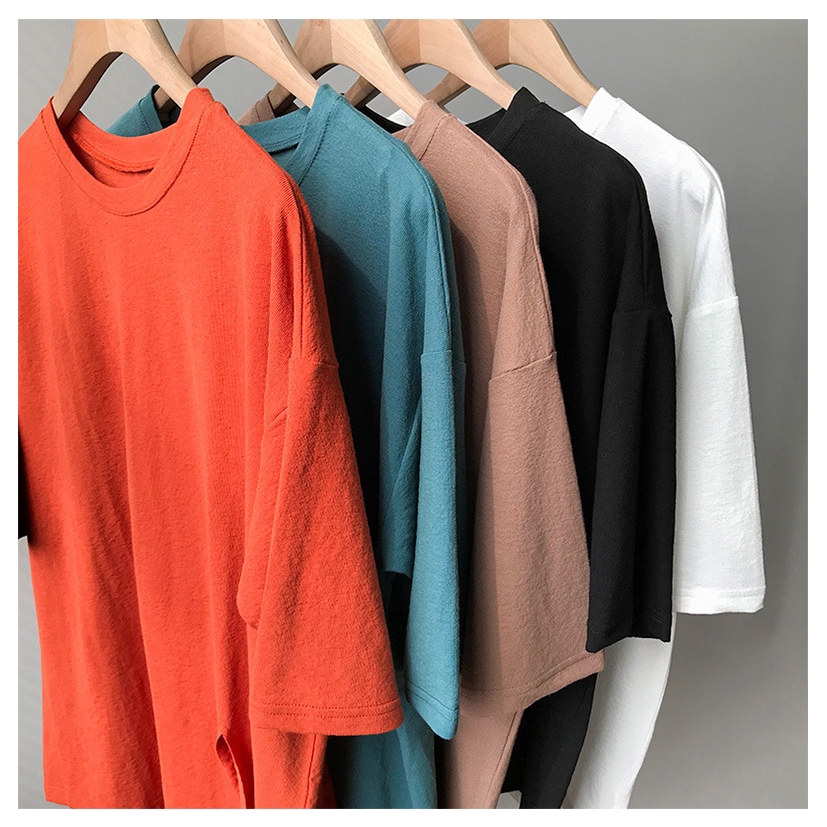 SUXI Áo Thun Tay Ngắn Cổ Tròn Màu Trơn Xẻ Tà Phong Cách Hàn Quốc