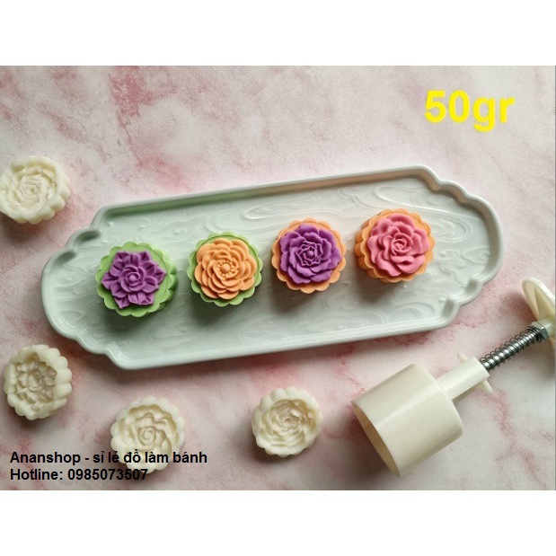 Khuôn trung thu lò xo 50gr 4 mặt hoa trà