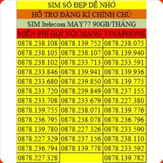 SIM 4G VINAPHONE DỄ NHỚ ❤️CHỈ 77K/THÁNG ❤️ SIM 4G VINA FREE 3GB / 1 ngày, gọi nội mạng free