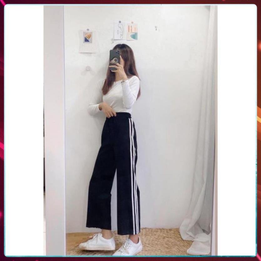 Quần Dài Thể Thao Culottes suông ống rộng kẻ 3 sọc line màu ĐEN