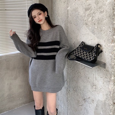 QADCOL Áo sweater chui đầu cỡ lớn kẻ sọc màu sắc tương phản cho bạn nữ