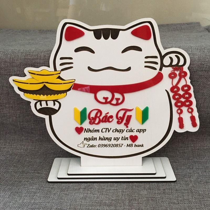 Bảng Gỗ Mèo Thần Tài Tên Shop Thông Tin Số Tài Khoản Ngân Hàng, Mã Qr Code Để Bàn