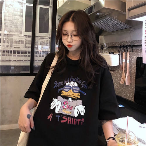 Áo thun cổ tròn ngắn tay dáng rộng in họa tiết size lớn phong cách Hàn Quốc thời trang mùa hè  cho nữ