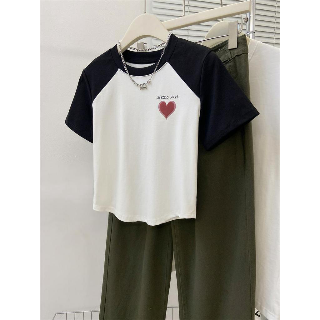 Áo Thun Raglan Tay Ngắn In Hình Trái Tim Màu Sắc Tương Phản 65024