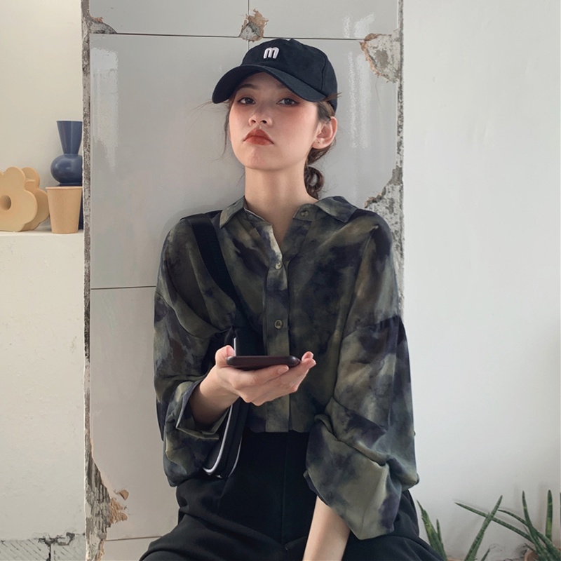 Áo Sơ Mi Tay Dài Dáng Rộng In Họa Tiết Màu Nhuộm Phong Cách Retro Hàn Quốc Thời Trang