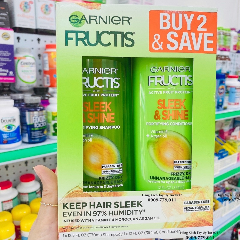 Dầu gội xả Garnier Fructis Sleek Shine Vitamin E Moroccan Argan Oil chuẩn Mỹ đi Air