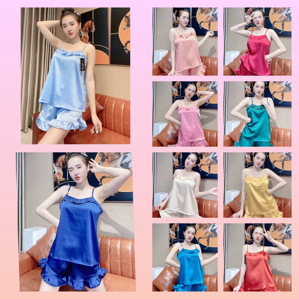 Đồ ngủ sexy, đồ ngủ 2 dây viền bèo, bộ ngủ lụa chất satin mềm - cn61