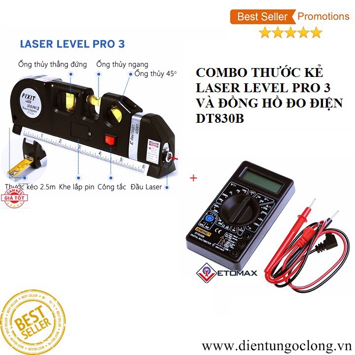 Bô Thước Kẻ Laser Level Pro 3 Và Đồng Hồ Đo Điện DT830B