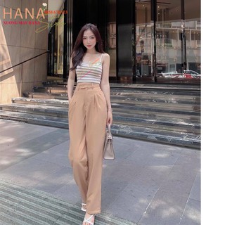 Quần ống rộng công sở nữ dài xếp ly có túi khóa - Màu Đen Trắng Be - Cạp có đai lưng cao - Vải mềm - Mặc đi làm học sinh