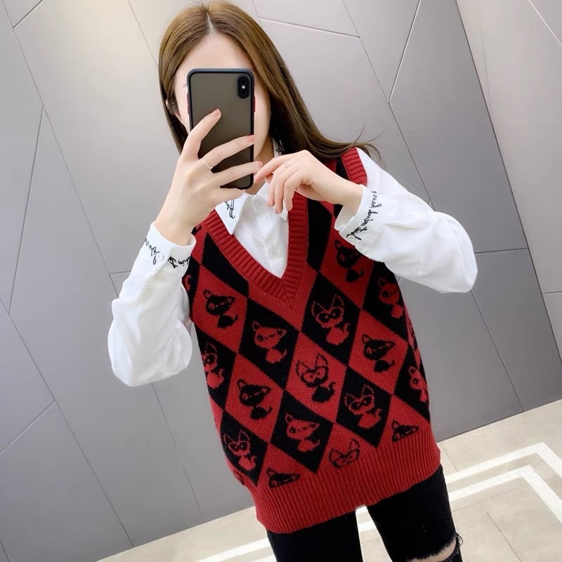 ÁO len nữ, áo gile họa tiết quả trám _Len ghi lê Áo Dệt Kim Không Tay Cổ Chữ V Phong Cách Retro Hàn Quốc | BigBuy360 - bigbuy360.vn