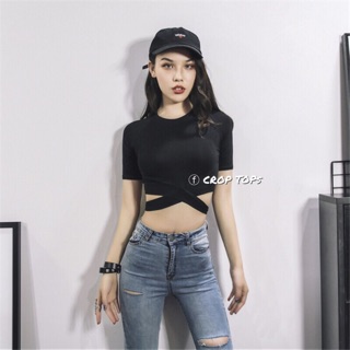Áo croptop vạt chéo đan eo tay ngắn thun body mịn - by SugarGalz
