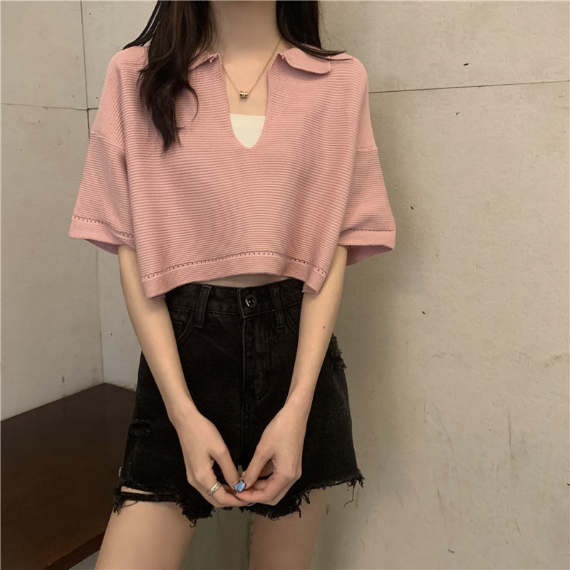 Áo croptop tay ngắn cổ chữ V phong cách Hàn Quốc thời trang cho nữ