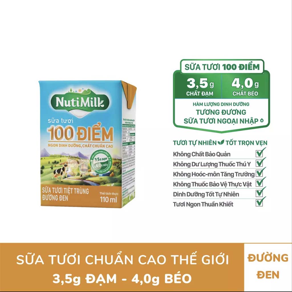 2 Hộp Sữa Tươi Tiệt Trùng 100 Điểm Đường Đen Nutimilk 110ml