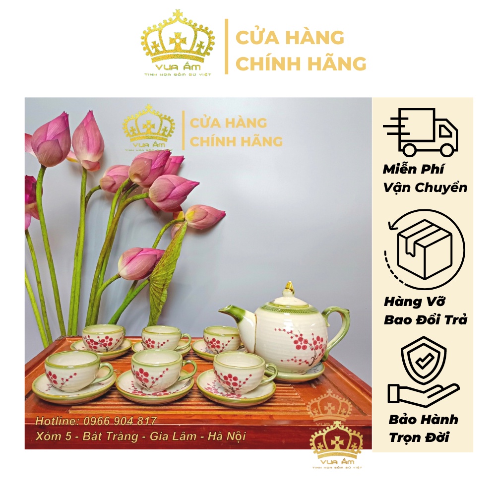 Bộ ấm chén uống trà bát tràng cao cấp, bộ ấm trà gốm sứ - bộ men rong vẽ tay họa tiết cành đào 001