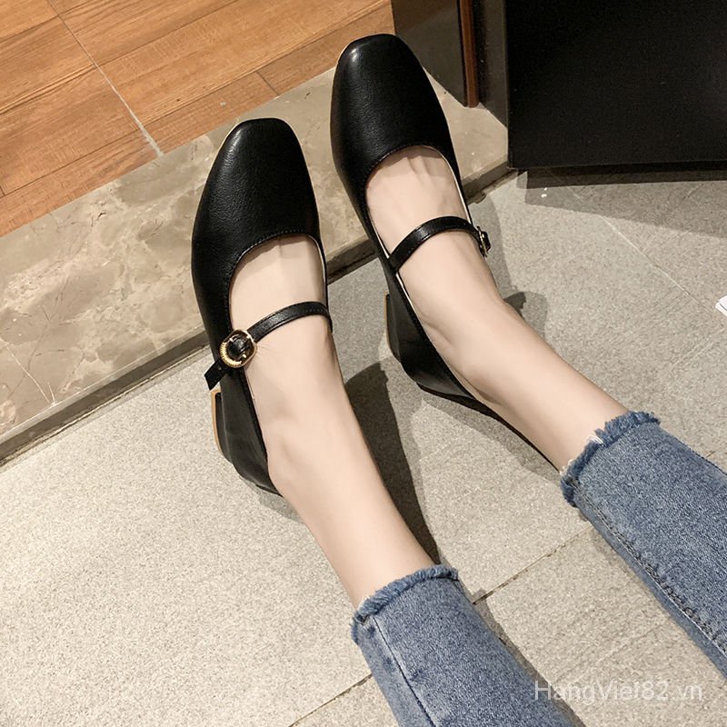 Giày Mary Jane mũi vuông màu trơn phong cách Nhật Bản cho nữ