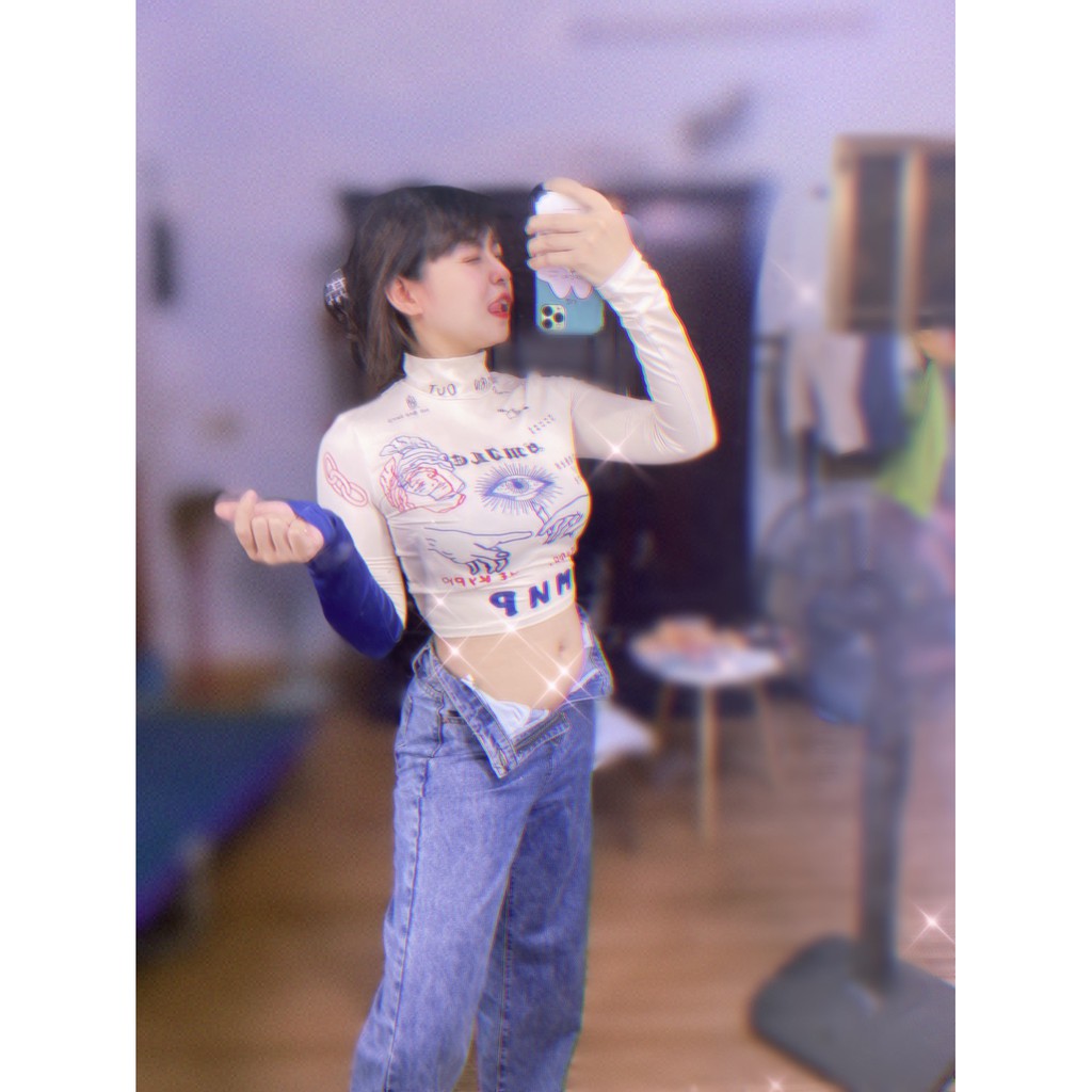 DUNEA Áo croptop tay dài dáng ôm in họa tiết độc đáo thời trang cá tính DUNEA