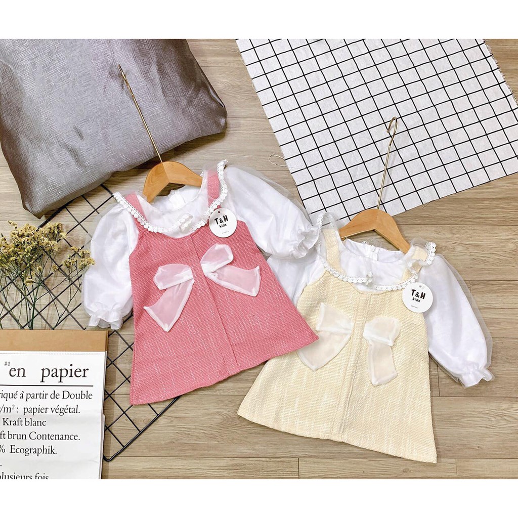 SÉT VÁY DẠ TAY ÁO VOAN TRẮNG CHO BÉ ( 10-23kg )