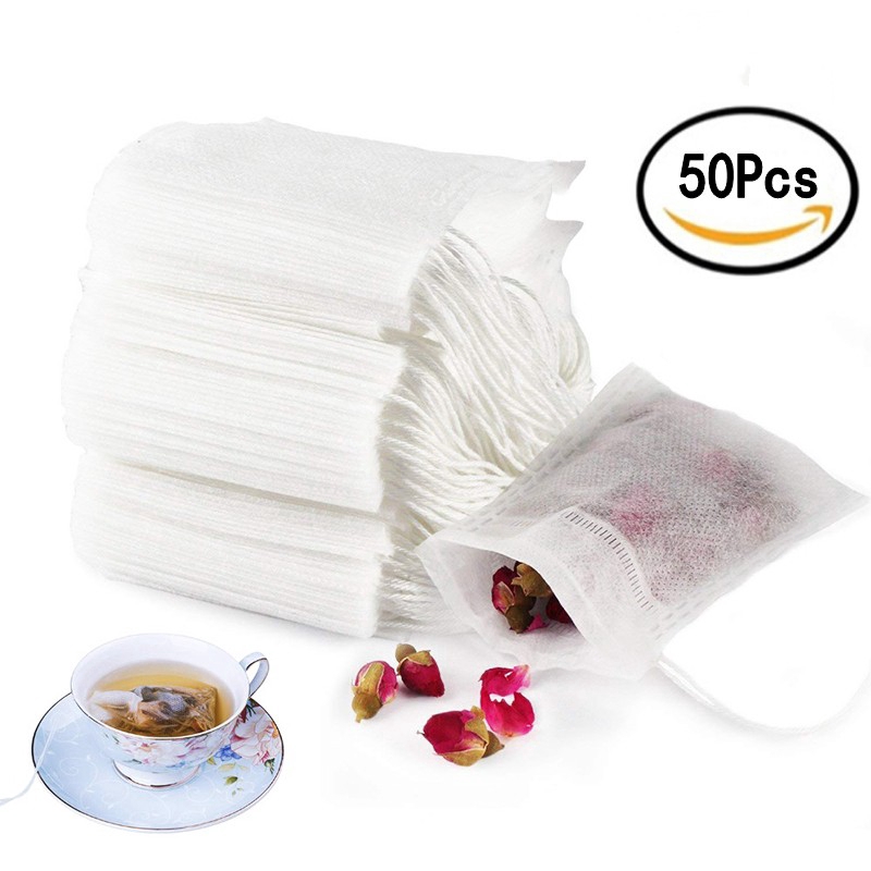 Set 50 túi cotton rỗng lọc trà lá 5.5 x 7CM an toàn và tự nhiên có dây rút kín dùng một lần có thể phân hủy sinh học