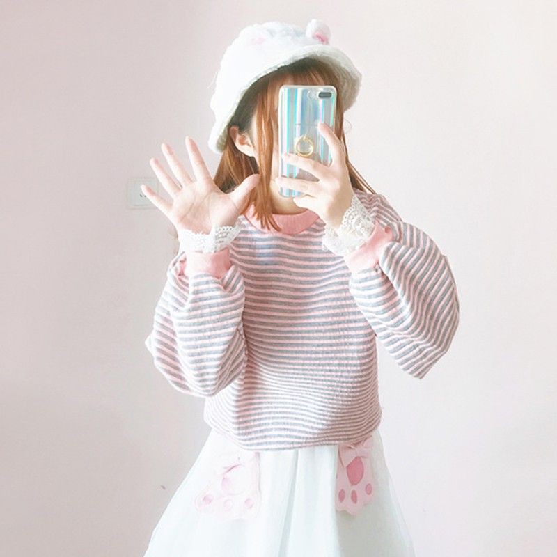 Áo thun dễ thương cổ tròn tay dài tay áo phối ren áo sọc ngang cute ulzzang ( 4 màu )