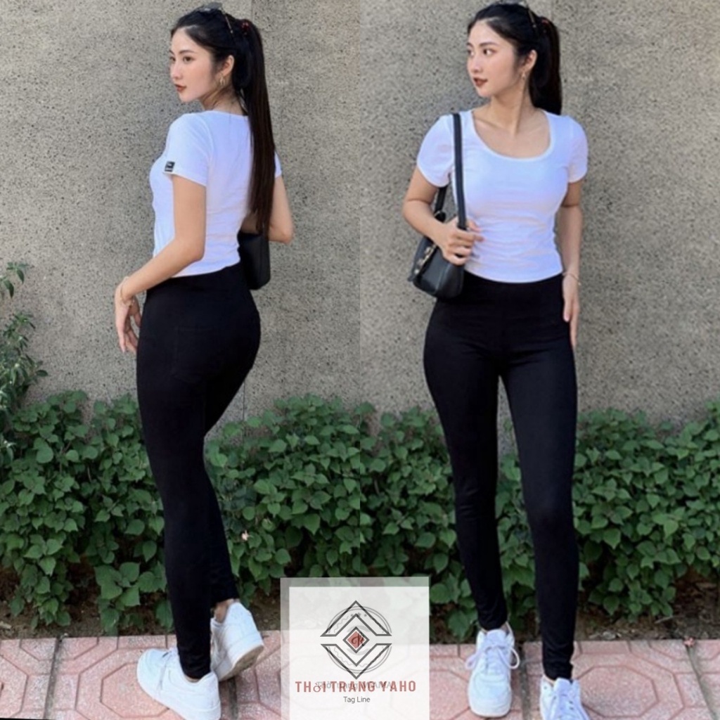 Quần legging nữ dài nâng mông gen bụng có túi màu đen chất vải cotton co giãn 4 chiều -  Quần legging công sở đi học gym