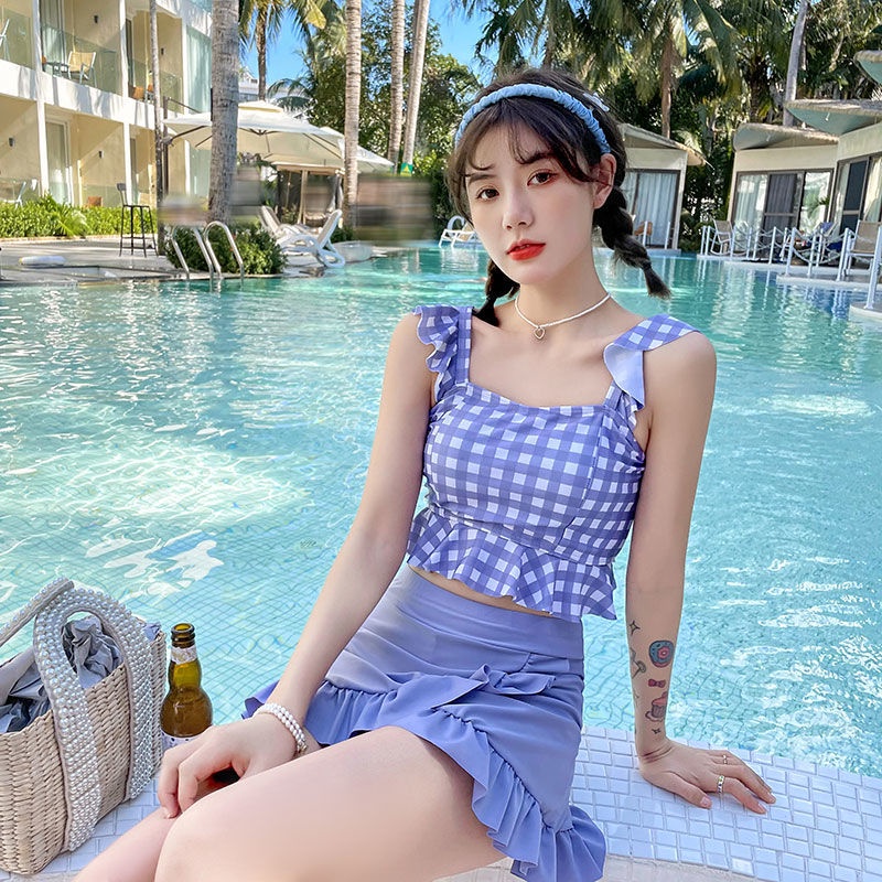 Bộ Đồ Bơi Hai Mảnh Họa Tiết Sọc Caro Kèm Quần Boxer Thời Trang Mùa Hè Cho Nữ