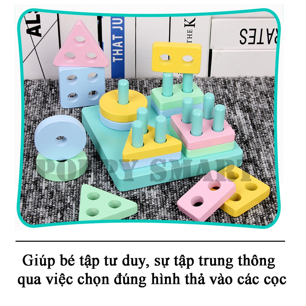 Đồ chơi Montessori - Bộ thả hình 4 cọc bằng gỗ giúp rèn luyện các kỹ năng cơ bản