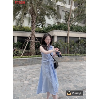 Đầm kẻ xanh thắt đai eo 2 kiểu