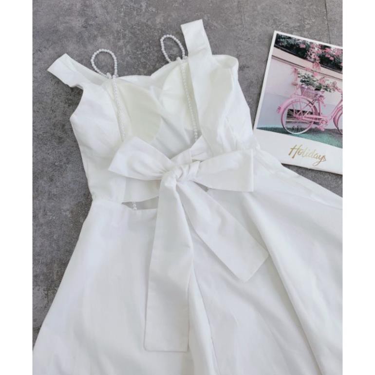 Váy Nữ, Đầm trắng hở lưng cột nơ dây chuỗi nhẹ nhàng xinh xắn B005