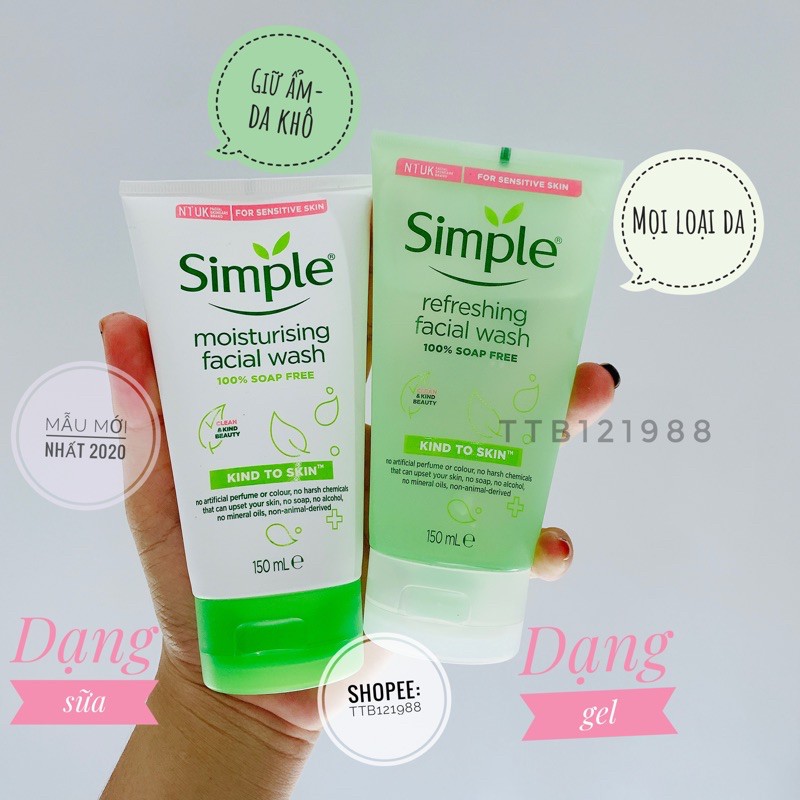 [AUTH] Sữa Rửa Mặt Simple Kind To Skin Refreshing Facial Wask Gel- SRM SIMPLE