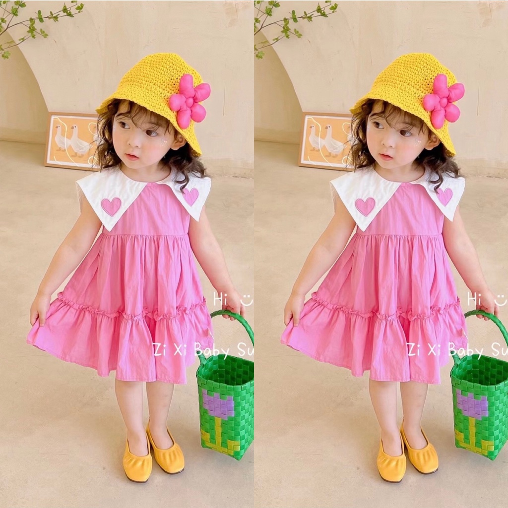 Váy babydoll bé gái, đầm bé gái màu hồng chất thô cotton mềm mát thấm hút mồ hôi.V0053