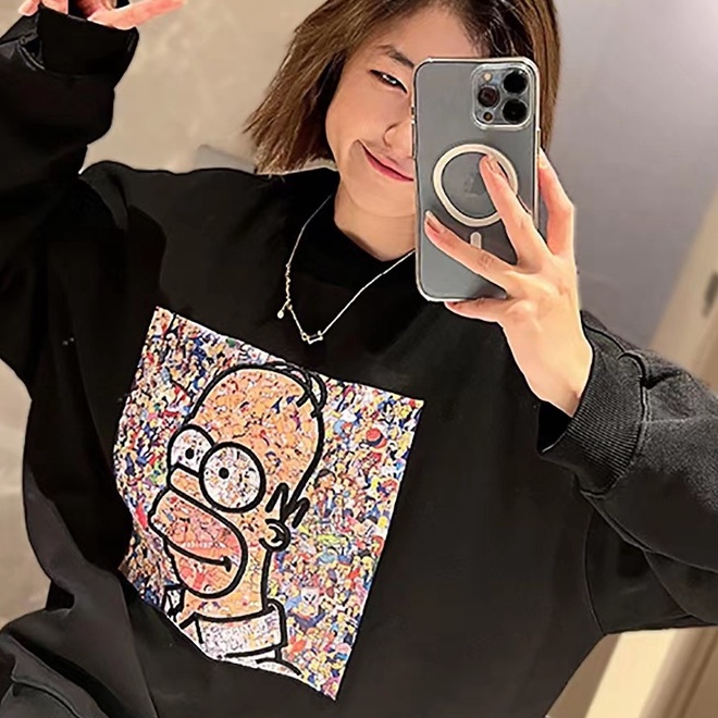 Áo sweater ZHELIHANGFEI cổ tròn in họa tiết hoạt hình dễ phối đồ