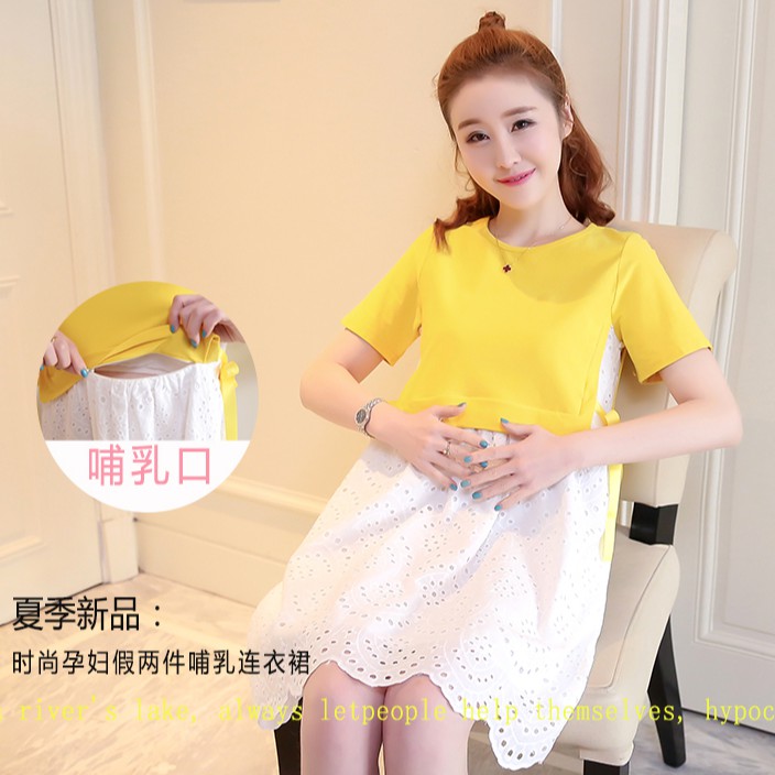 Đầm bầu tay ngắn phối ren chất liệu cotton size M-2XL trẻ trung